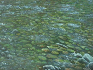 Ganga Clear Waters by Manjula Dubey, Original Acrylic Landscape Painting on Canvas, Small Horizontal Wall Art