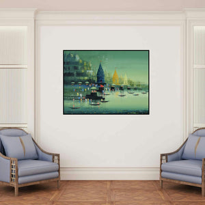'Ganga Ghat 10' painting by Reba Mandal shown on a wall in a furnished room.