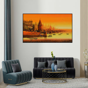 Reba Mandal's 'Ganga Ghat 11' painting visualized above a sofa in a contemporary room.