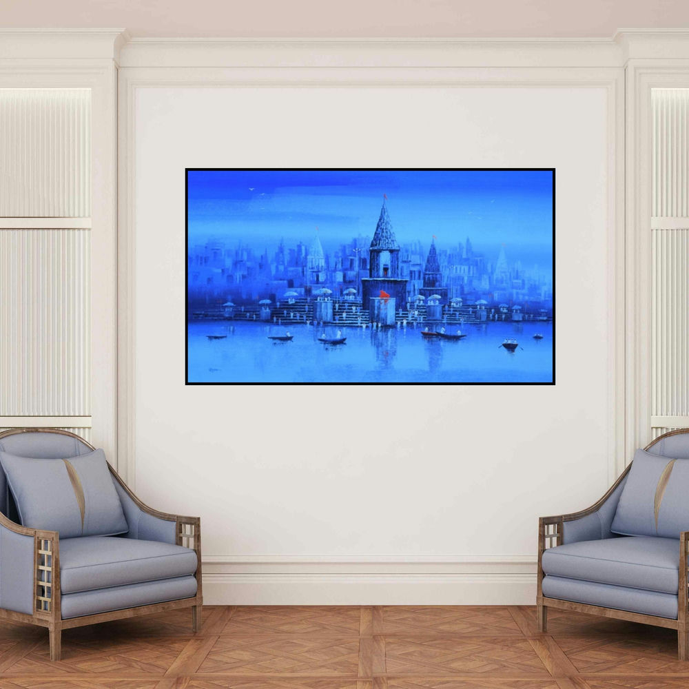 'Ganga Ghat 12' painting by Reba Mandal shown on a wall in a furnished room.