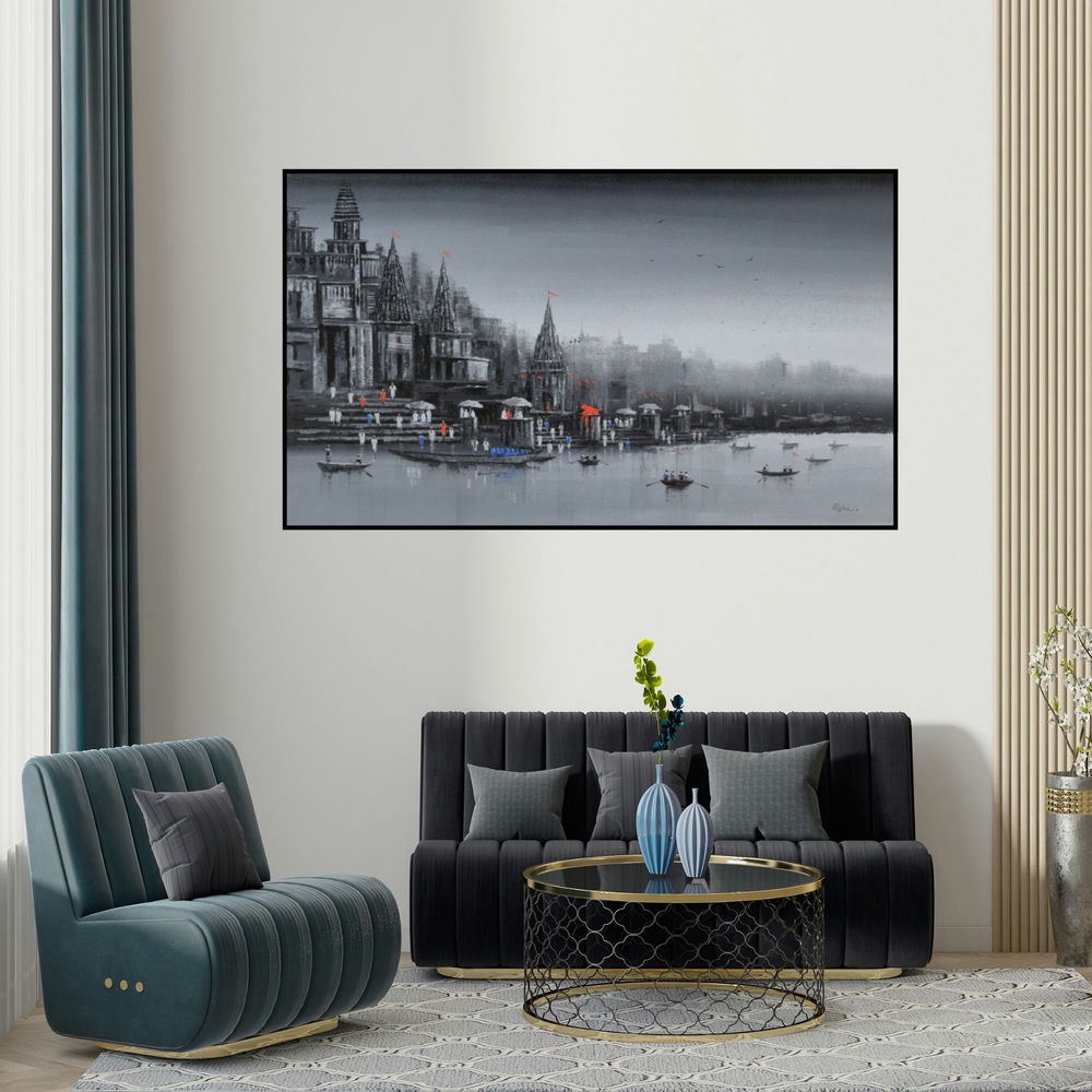 Reba Mandal's 'Ganga Ghat 13' painting visualized above a sofa in a contemporary room.