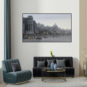 Reba Mandal's 'Ganga Ghat 14' painting visualized above a sofa in a contemporary room.
