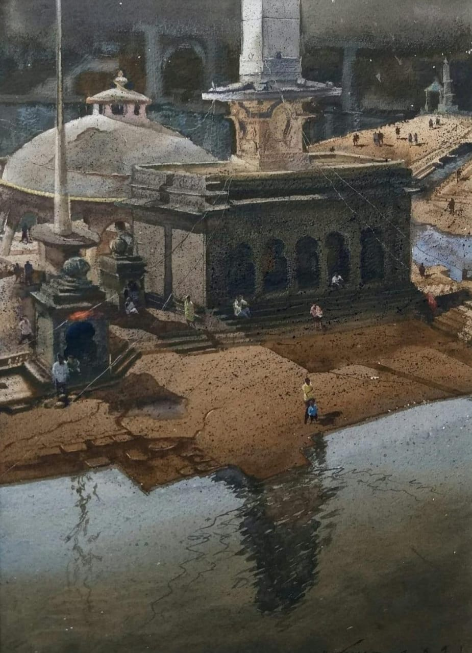 Ganga Ghat' religious watercolor painting by artist Ajit Raut, 30x24 inch, on paper