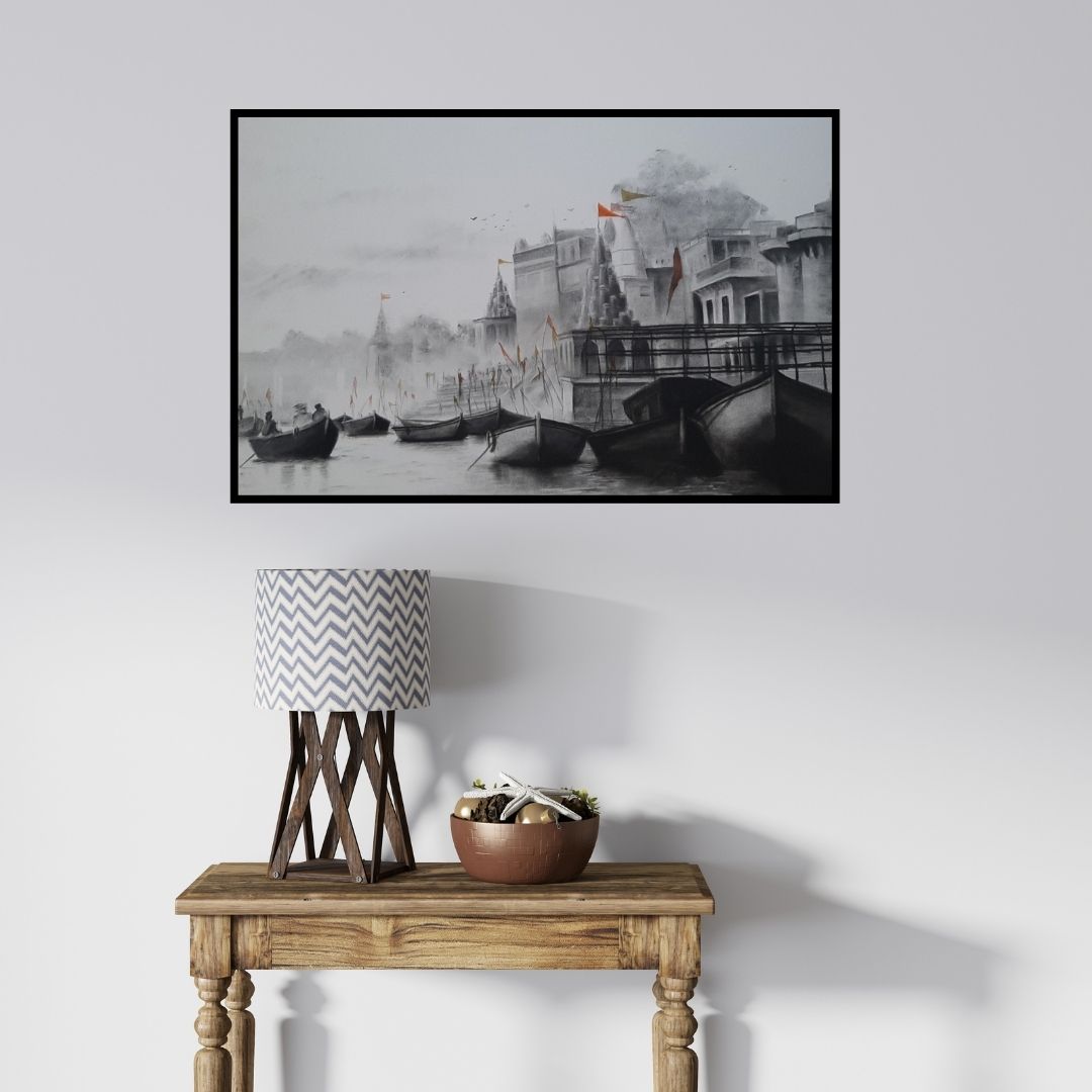 In-situ view of Akash Parkande's 'Ganga Ghat 2 (Dawn on the Ganges)' painting in a room