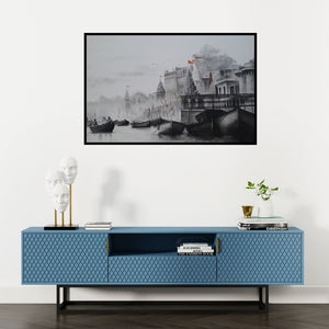 Preview of 'Ganga Ghat 2 (Dawn on the Ganges)' Painting by Akash Parkande shown on a wall in a furnished room.