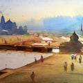 Cityscape watercolor painting titled 'Ganga Ghat 5', 21x36 inches, by artist Nilesh Bharti on Paper