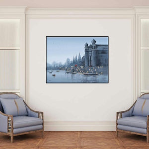 'Ganga Ghat 7' painting by Reba Mandal shown on a wall in a furnished room.