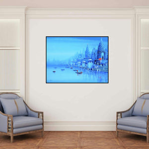 'Ganga Ghat 8' painting by Reba Mandal shown on a wall in a furnished room.