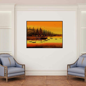 'Ganga Ghat 9' painting by Reba Mandal shown on a wall in a furnished room.