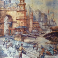 Religious watercolor painting titled 'Ganga Ghat In Banaras 4', 22x15 inch, by artist Shubhashis Mandal on Handmade Paper