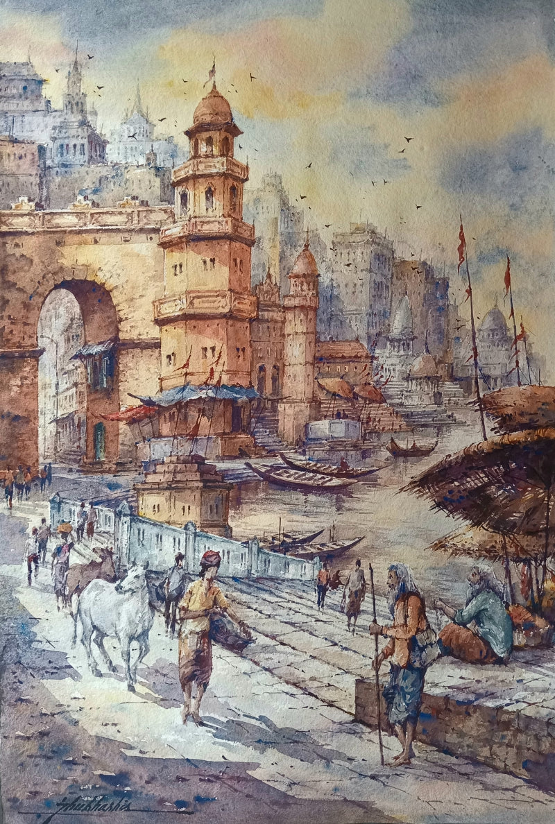 Religious watercolor painting titled 'Ganga Ghat In Banaras 4', 22x15 inch, by artist Shubhashis Mandal on Handmade Paper
