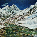 Landscape acrylic painting titled 'Ganga Mountain River', 24x18 inches, by artist Manjula Dubey on Canvas