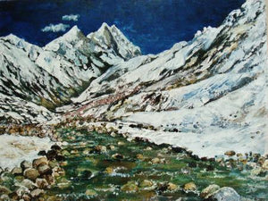 Ganga Mountain River by Manjula Dubey, Original Acrylic Landscape Painting on Canvas, Small Horizontal Wall Art