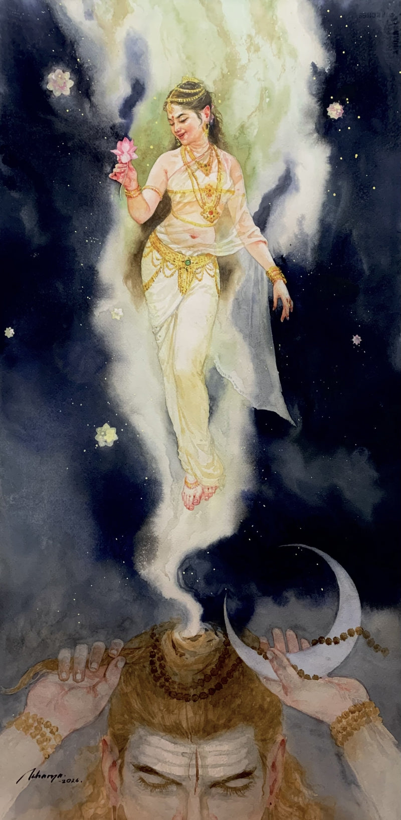 Gangavtaran' religious watercolor painting by artist Abhisarika Nayika, 30x15 inch, on paper