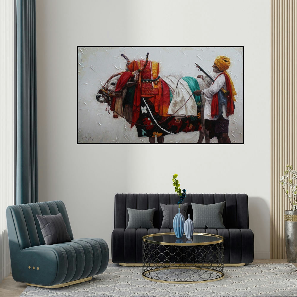 Iruvan Karunakaran's 'Gangireddu 1' painting visualized above a sofa in a contemporary room.