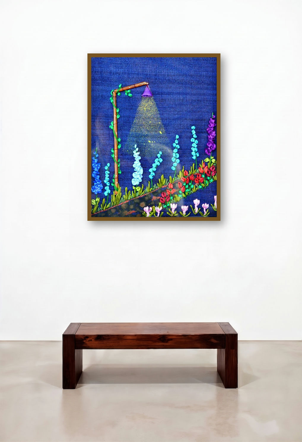 Garden At Night (Ribbon Embroidery Garden Scene) by artist Mohna Paranjape displayed in a Modern Executive Office