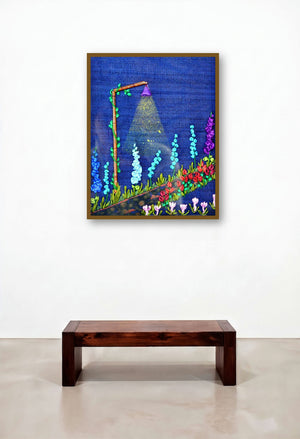 Garden At Night (Ribbon Embroidery Garden Scene) by artist Mohna Paranjape displayed in a Modern Executive Office