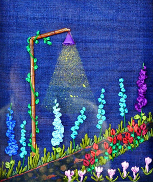 Garden At Night (Ribbon Embroidery Garden Scene) by Mohna Paranjape, Original Cloth Nature Painting on Cloth, X-Small Vertical Wall Art