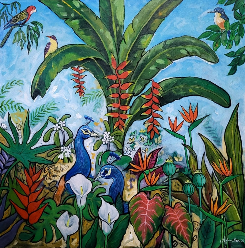 Garden Of Birds' nature acrylic painting by artist Arjun Das, 36x36 inch, on canvas