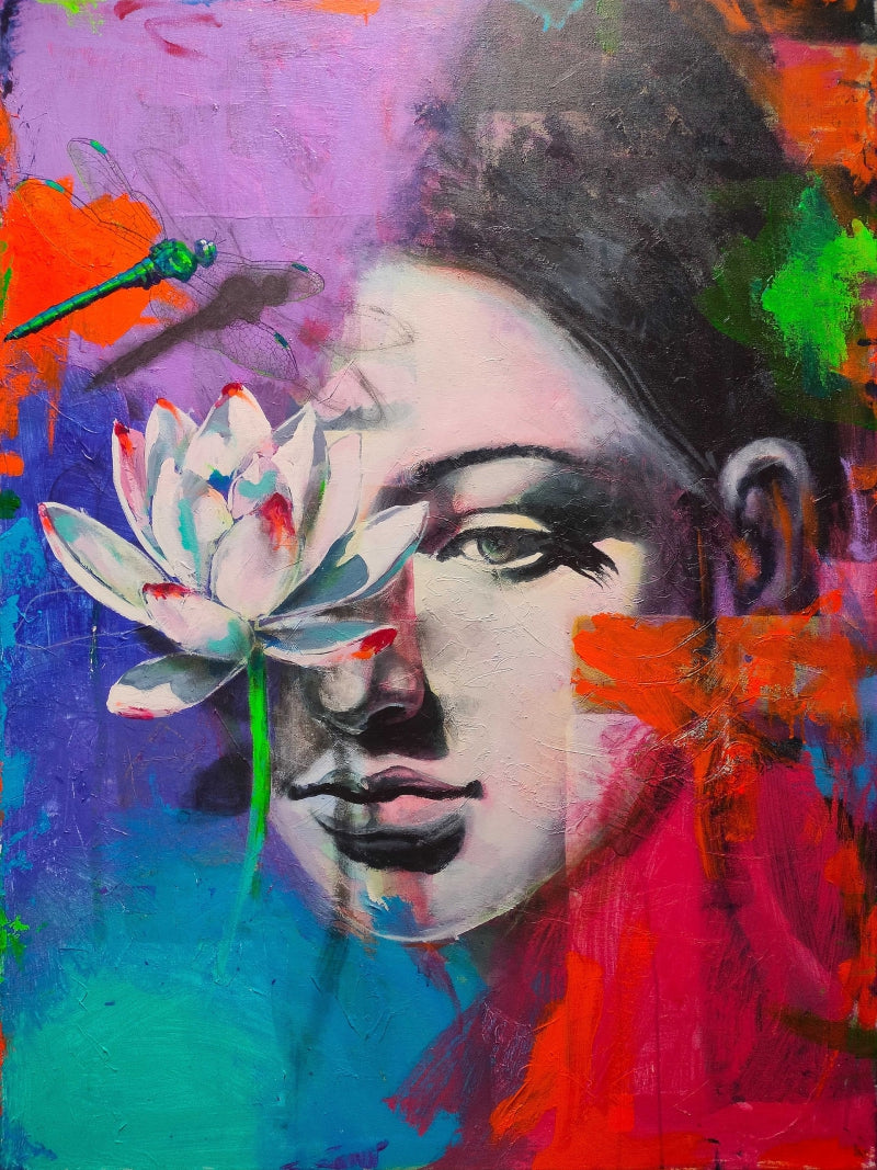 'Garden Dragons 1' figurative mixed-media painting by artist Srinivasa Ram Makineedi, 48x36 inch, on canvas