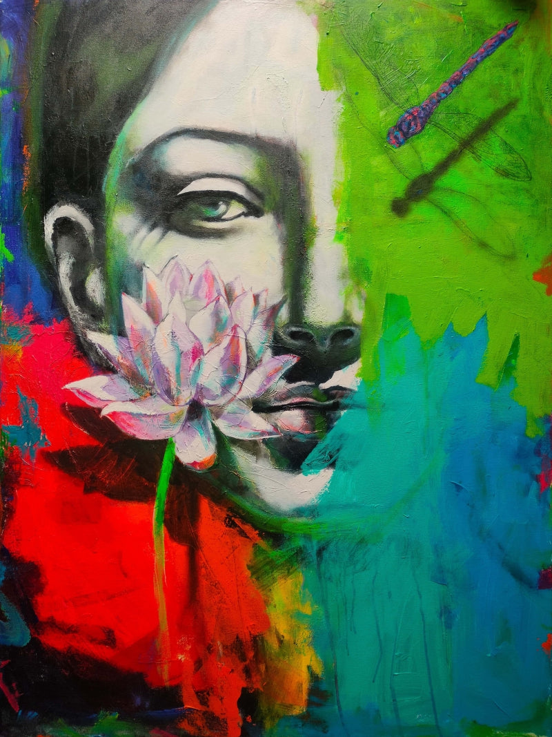 'Garden Dragons 2' figurative mixed-media painting by artist Srinivasa Ram Makineedi, 48x36 inch, on canvas