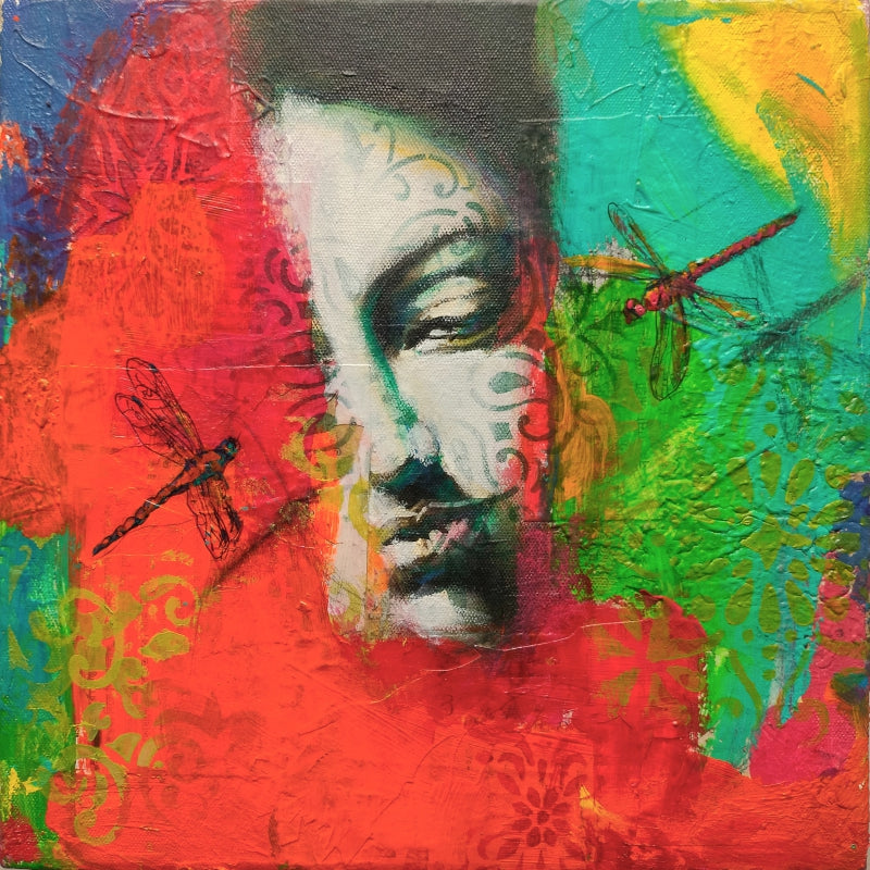 'Garden Od Dragons 3' figurative mixed-media painting by artist Srinivasa Ram Makineedi, 12x12 inch, on canvas