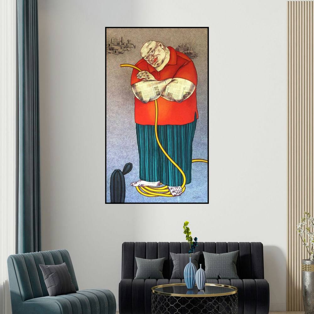 Mrinal Dey's 'The Gardener' painting visualized above a sofa in a contemporary room.