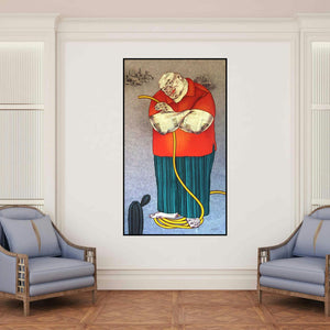 'The Gardener' painting by Mrinal Dey shown on a wall in a furnished room.