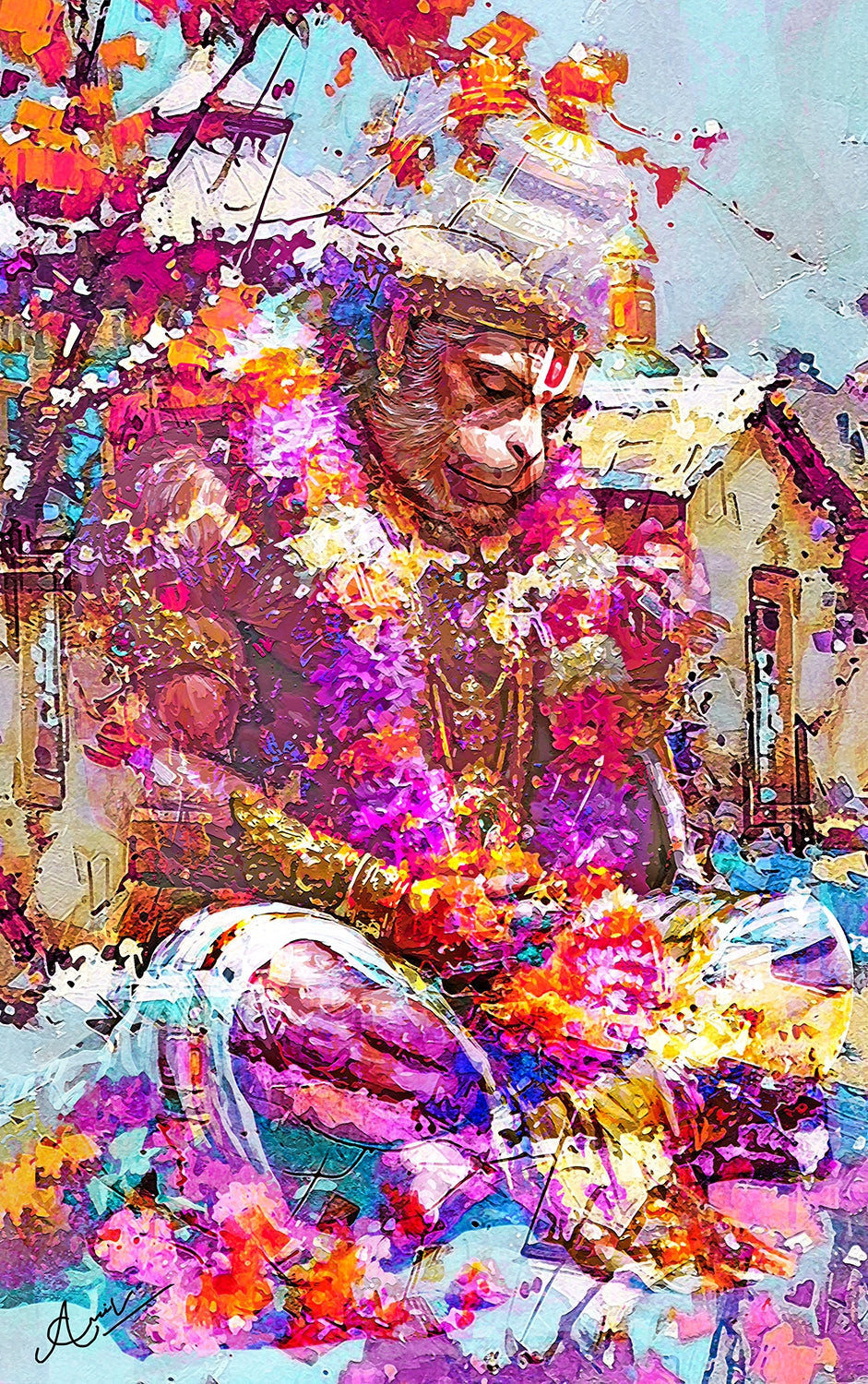 Garland Of Devotion' religious mixed-media painting by artist Anil Kumar, 48x36 inch, on canvas
