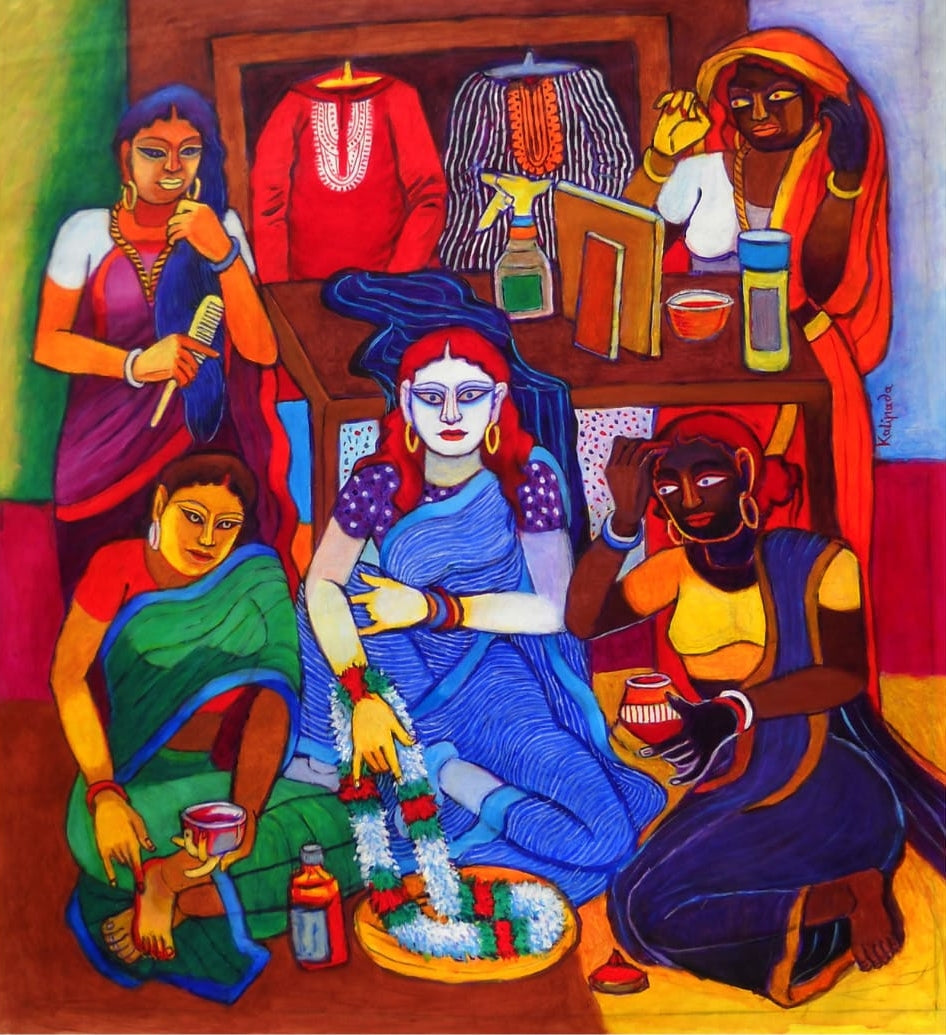 Garland For Her Beloved' figurative acrylic painting by artist Kalipada Purkait, 41x36 inch, on canvas