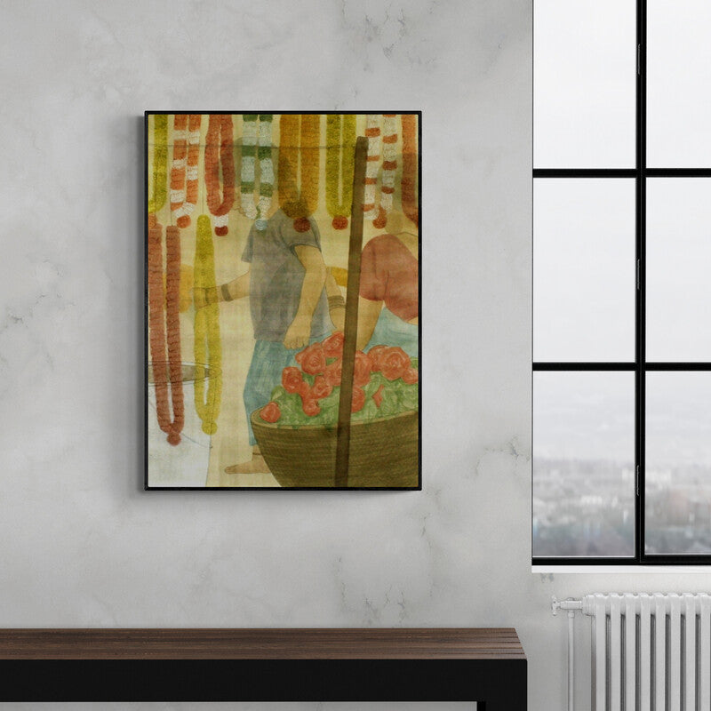 Preview of 'Garlands' Painting by Gulab Kapadiya shown on a wall in a furnished room.