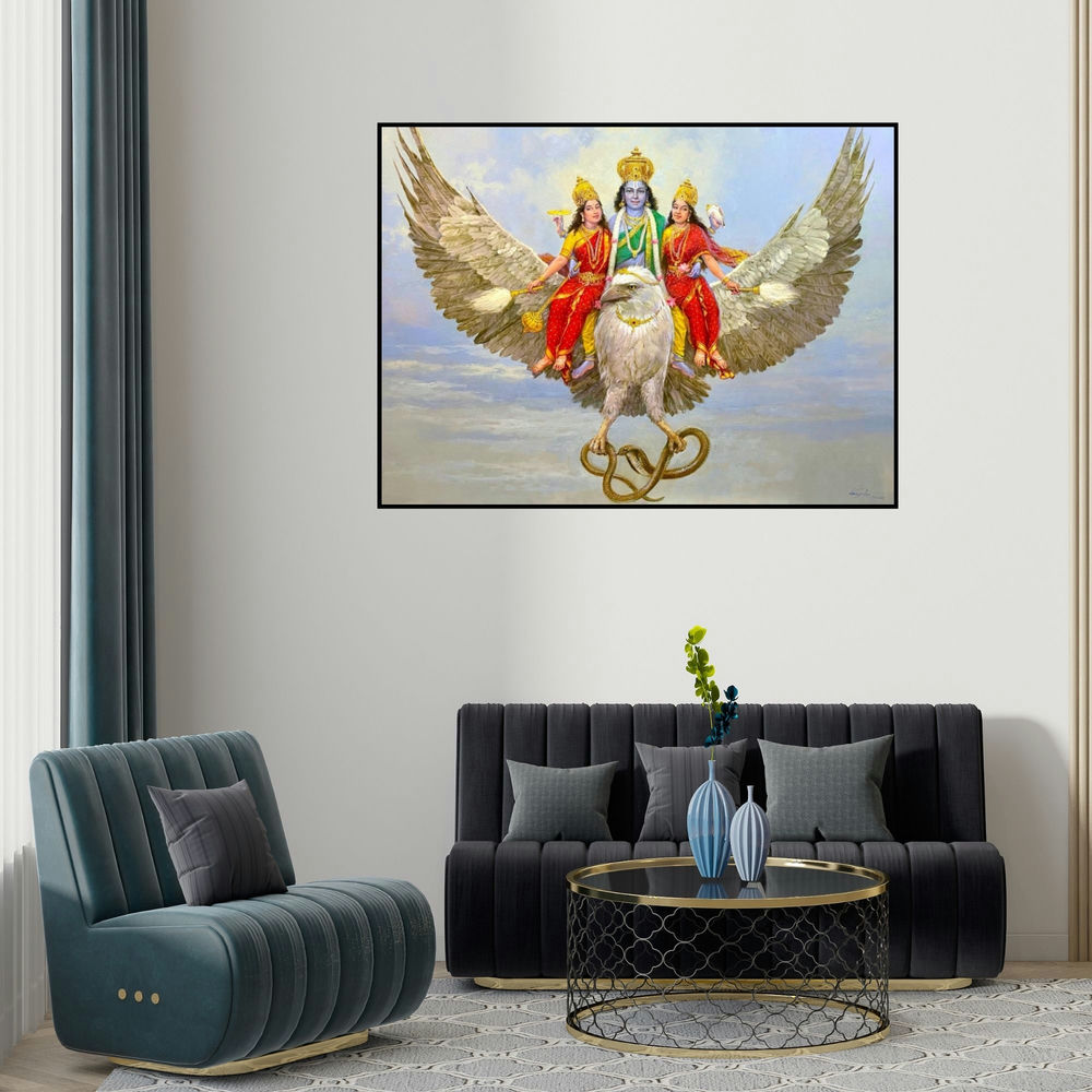 Vasudeo Kamath's 'Garuda The Divine Vahana Of Lord Vishnu (Vishnu and Lakshmi on Garuda)' painting visualized above a sofa in a contemporary room.