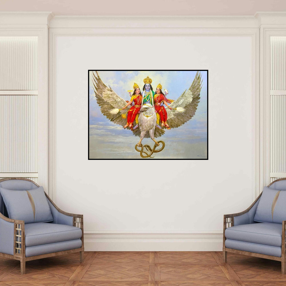 'Garuda The Divine Vahana Of Lord Vishnu (Vishnu and Lakshmi on Garuda)' painting by Vasudeo Kamath shown on a wall in a furnished room.