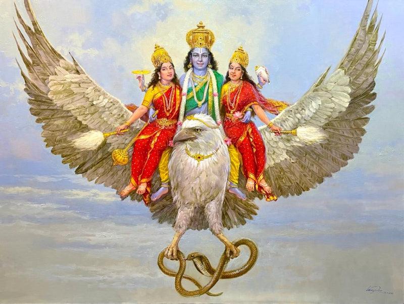 Garuda The Divine Vahana Of Lord Vishnu Red Violet Oil Painting By garuda-the-divine-vahana-of-lord-vishnu-red-violet-oil-painting-by
