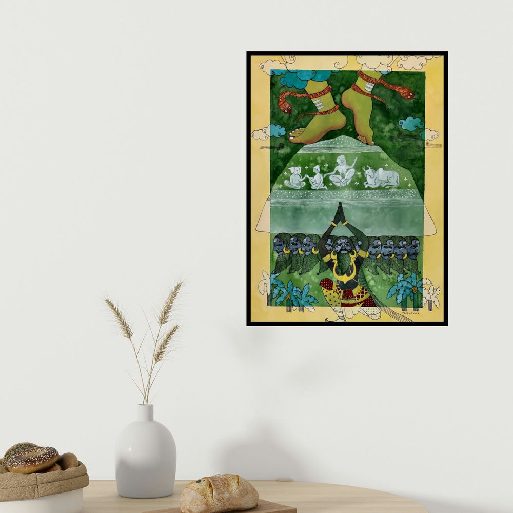 Yojana Dehankar's 'Garvantak (Cosmic Stride)' painting visualized above a sofa in a contemporary room.