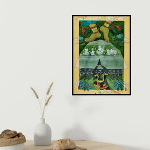 Yojana Dehankar's 'Garvantak (Cosmic Stride)' painting visualized above a sofa in a contemporary room.