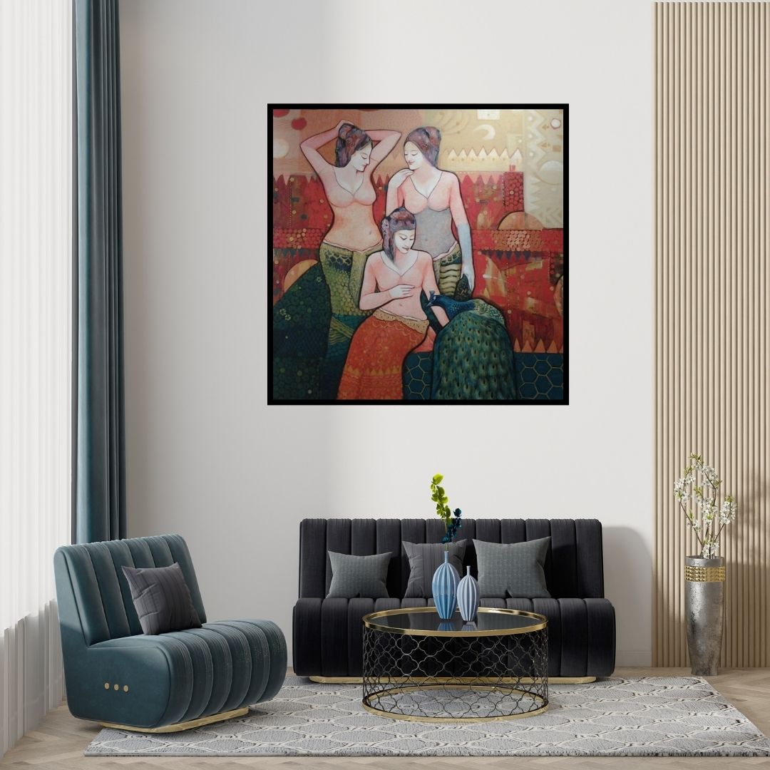 Preview of 'Gassiping Ii (Gossiping)' Painting by Apurba Karati shown on a wall in a furnished room.