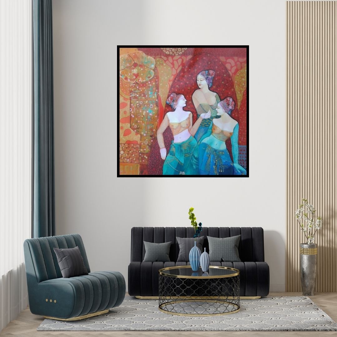 Preview of 'Gassiping Iii (Whispers of Gossip: A Captivating Trio)' Painting by Apurba Karati shown on a wall in a furnished room.