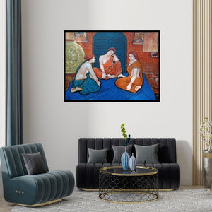 Preview of 'Gassiping Iv' Painting by Apurba Karati shown on a wall in a furnished room.