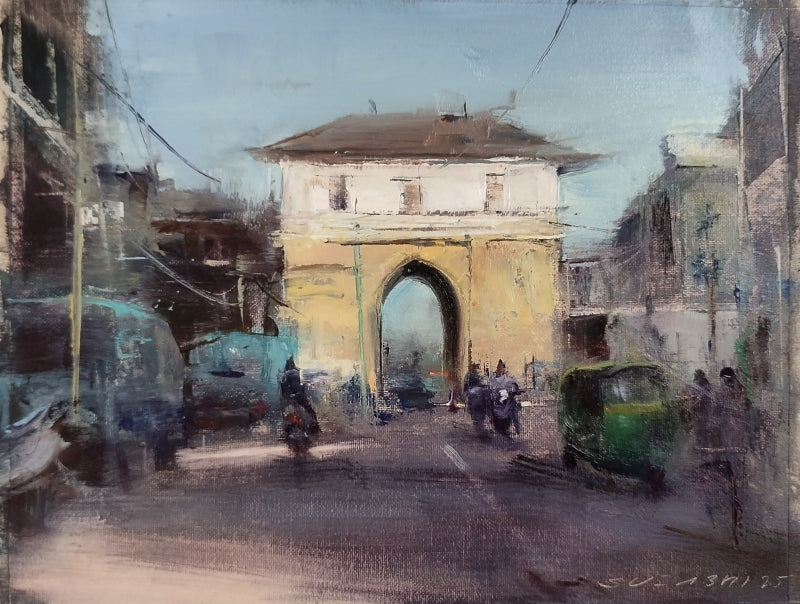 The Gate' cityscape oil painting by artist Surabhi Gulwelkar, 10x12 inch, on linen