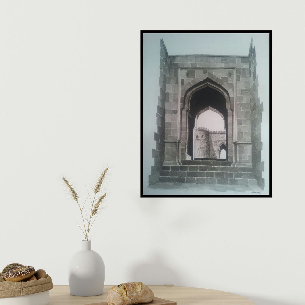 Dhirendra Mandge's 'Gate Of Fort (Passage Through Time)' painting visualized above a sofa in a contemporary room.