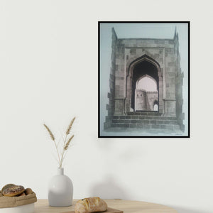 Dhirendra Mandge's 'Gate Of Fort (Passage Through Time)' painting visualized above a sofa in a contemporary room.