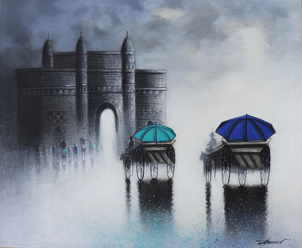Gateway Of India 1' cityscape acrylic-charcoal painting by artist Somnath Bothe, 15x18 inch, on canvas