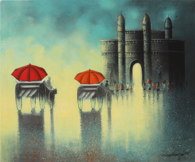 Gateway Of India 2' cityscape acrylic-charcoal painting by artist Somnath Bothe, 15x18 inch, on canvas