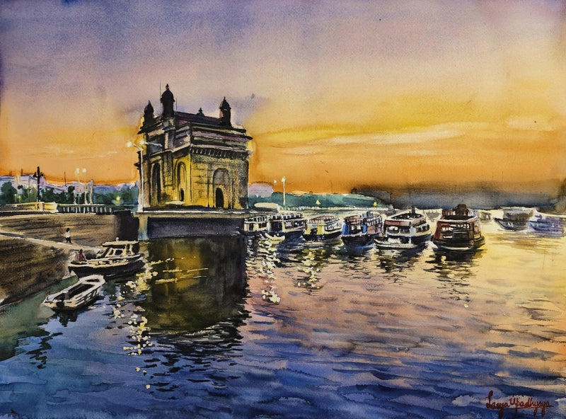 'Gateway Of India Mumbai' cityscape watercolor painting by artist Lasya Upadhyaya, 17x22 inch, on paper