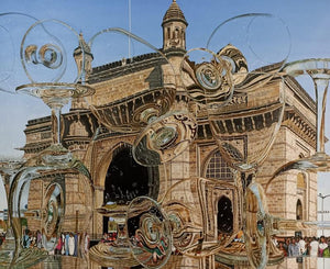 Cityscape oil painting titled 'Gateway Of India Reflection', 57x60 inches, by artist Tauseef Khan on Canvas
