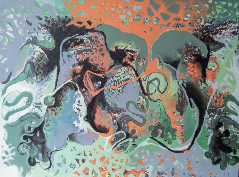 Gathered Repression' contemporary mixed-media painting by artist Rasana Bhardwaj, 36x48 inch, on canvas