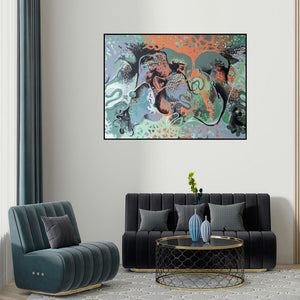 Rasana Bhardwaj's 'Gathered Repression (The Interconnectedness of Life)' painting visualized above a sofa in a contemporary room.