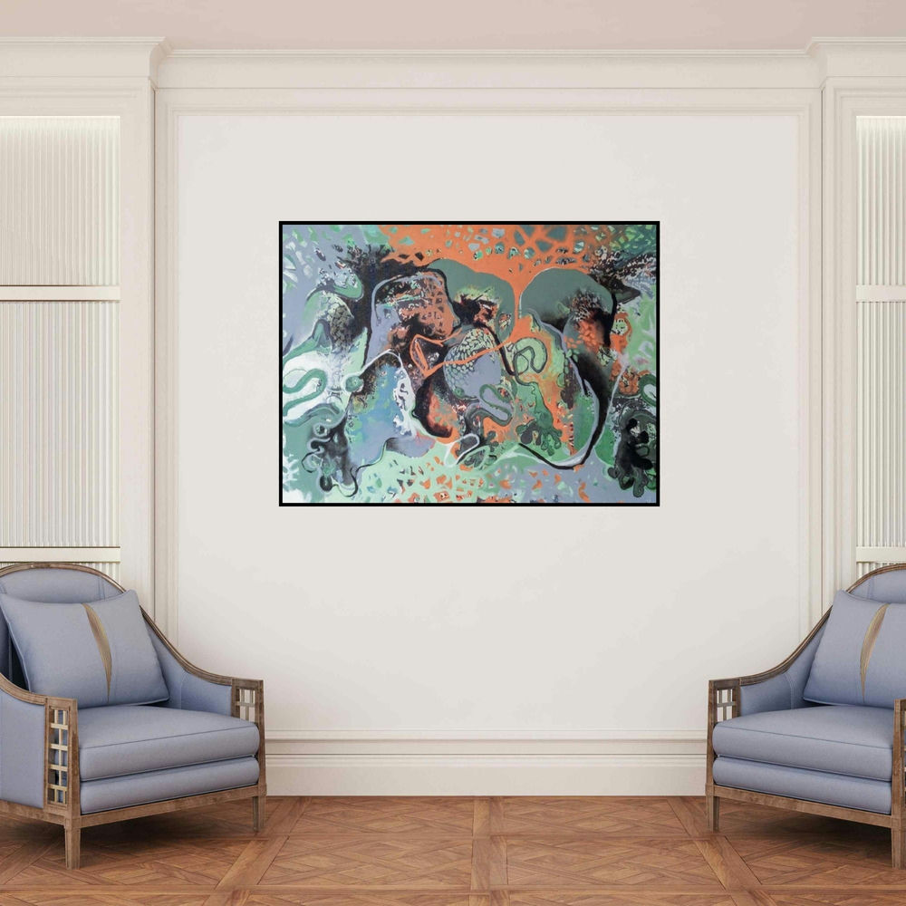 'Gathered Repression (The Interconnectedness of Life)' painting by Rasana Bhardwaj shown on a wall in a furnished room.