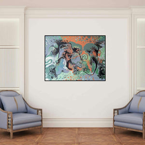 'Gathered Repression (The Interconnectedness of Life)' painting by Rasana Bhardwaj shown on a wall in a furnished room.